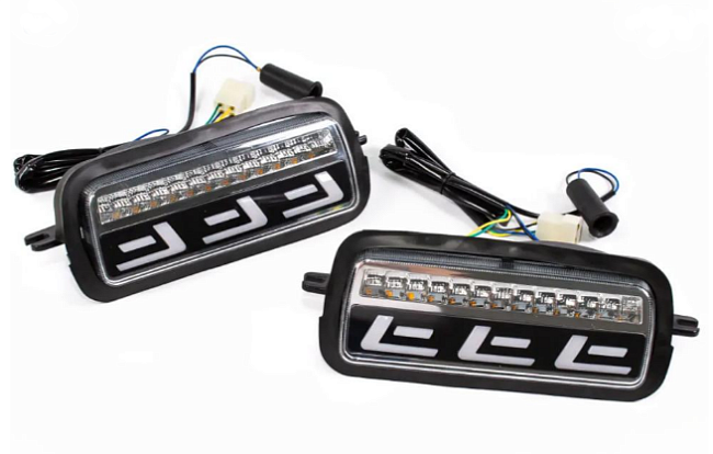 Надфарники LED с ДХО DLAA PL-2121W хром для Лада Нива 4х4 (бегающий поворотник)