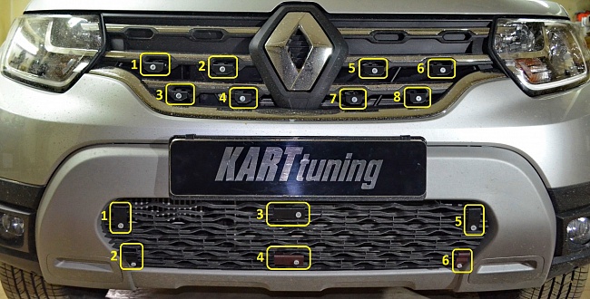 Комплект заглушек (заглушка №1 (верх) + 2Д (низ/с «перфорацией и съемной шторкой») "KART" для Renault Duster 2 (с 2021 г.в.)